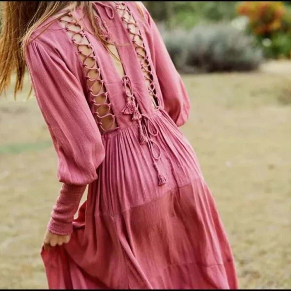 FREE PEOPLE Endless Summer Wednesday Smocked Back Lace Up Dress Rose Sz XS